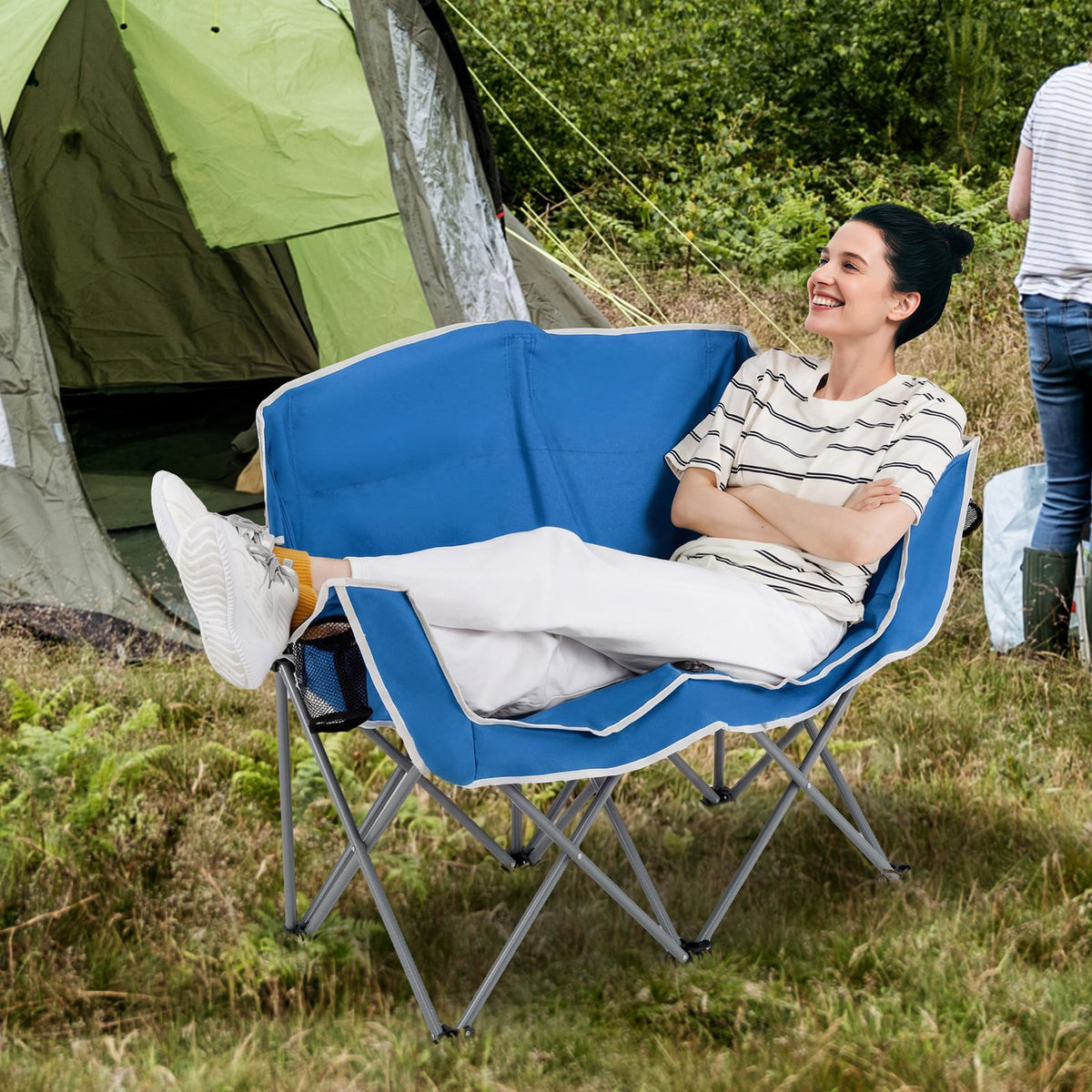 Duo Camping Chair Portable Oversized Loveseat with Armrests and Cup Holders-Blue view 3