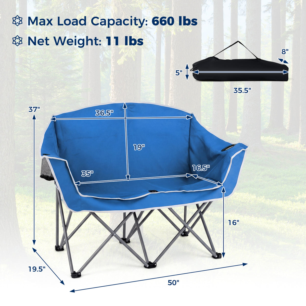 Duo Camping Chair Portable Oversized Loveseat with Armrests and Cup Holders-Blue view 5