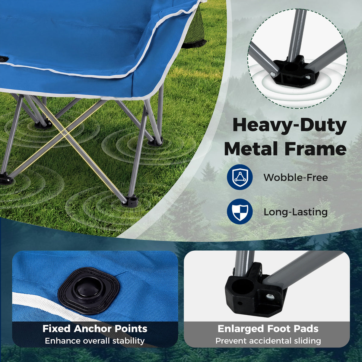 Duo Camping Chair Portable Oversized Loveseat with Armrests and Cup Holders-Blue view 7