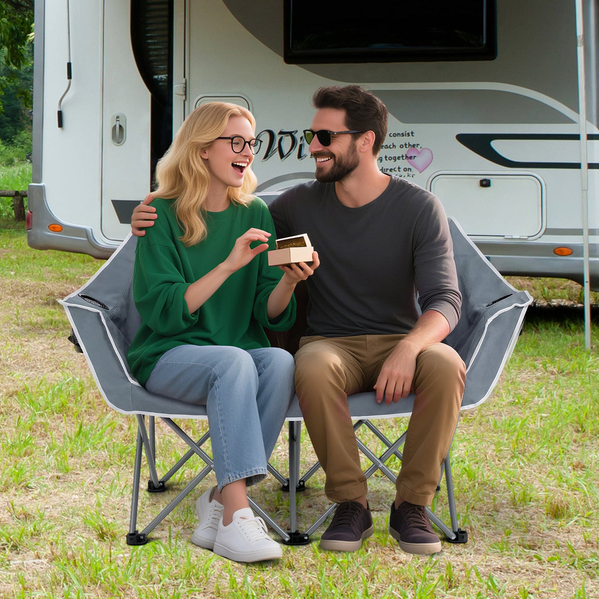 Duo Camping Chair Portable Oversized Loveseat with Armrests and Cup Holders-Gray view 2
