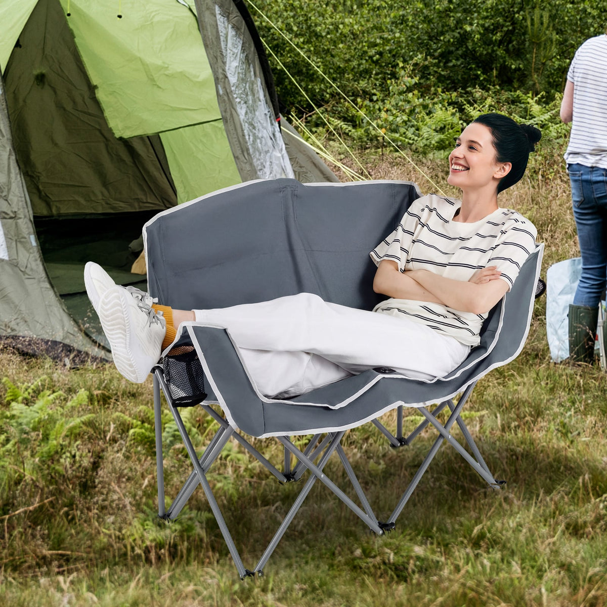 Duo Camping Chair Portable Oversized Loveseat with Armrests and Cup Holders-Gray view 3