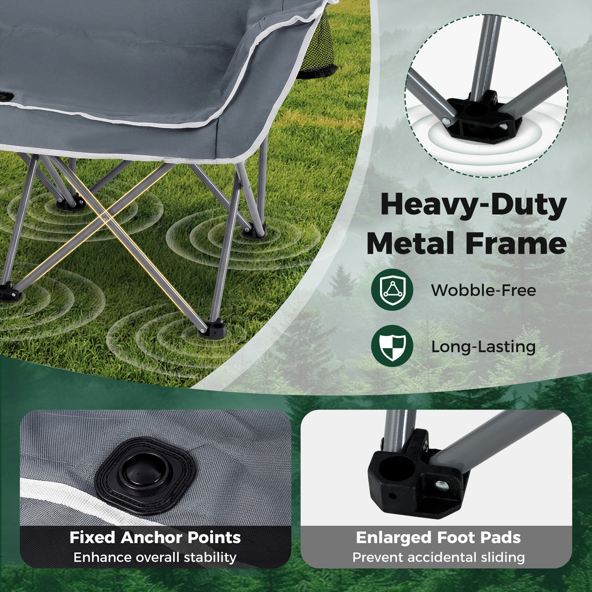 Duo Camping Chair Portable Oversized Loveseat with Armrests and Cup Holders-Gray view 7