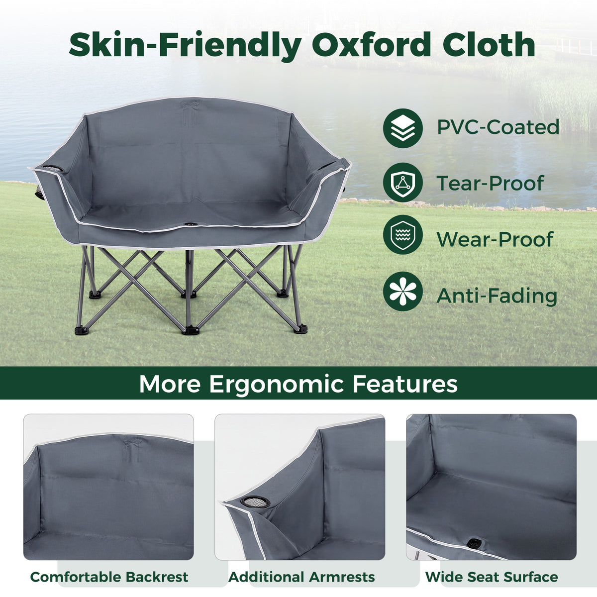 Duo Camping Chair Portable Oversized Loveseat with Armrests and Cup Holders-Gray view 8