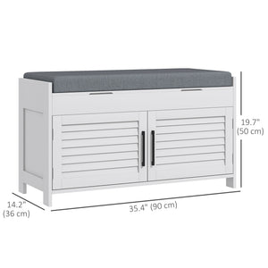 Entryway Bench with Cushion, Hidden Storage, Adjustable Shelves and Shutter Doors, 35.4" Shoe Bench, White