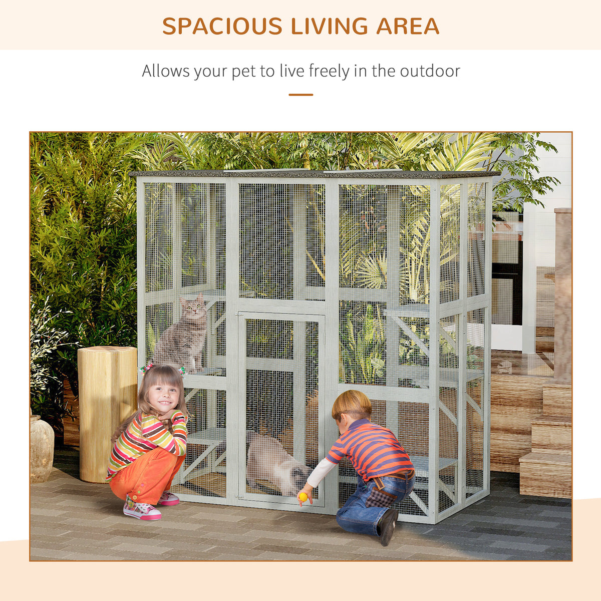 Large Outdoor Catio Enclosure, Weatherproof Cat House with Asphalt Roof,  Wooden Cat Patio Cage with 6 Balanced Platforms, 71" x 39" x 71", Grey