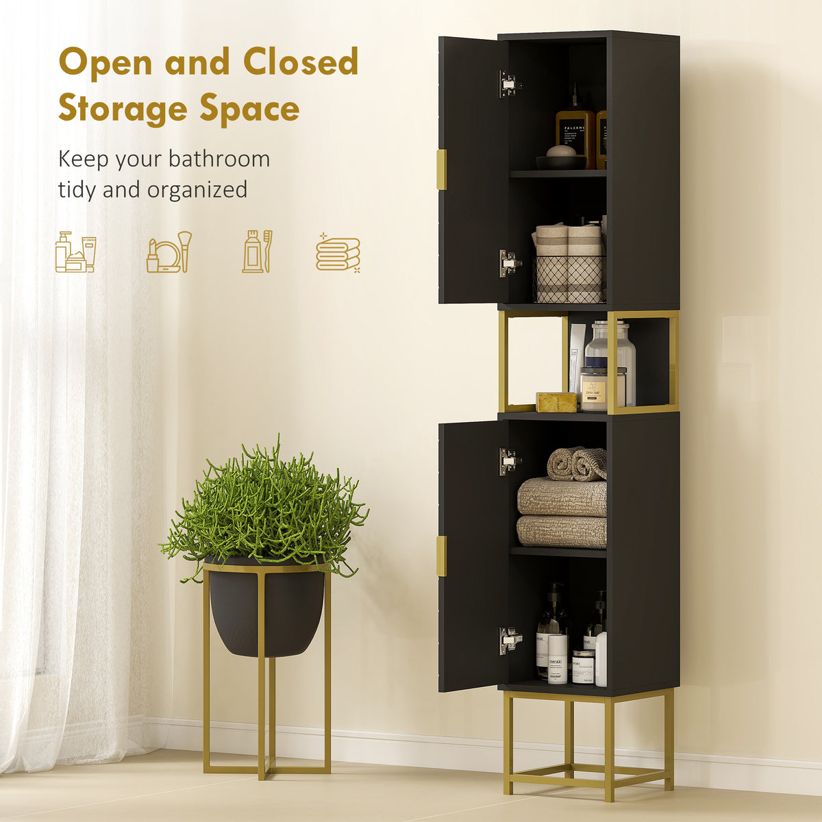 Tall Bathroom Storage Cabinet, Modern Narrow Bathroom Cabinet with Diamond Chevron Pattern and Adjustable – view 3