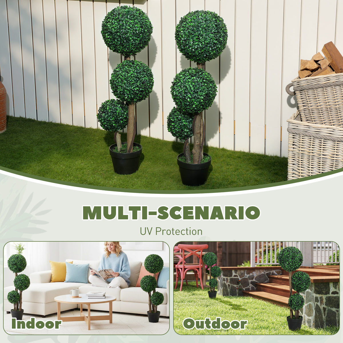 35 Inch Potted Fake Plant Set of 2, Artificial Boxwood Topiary Tree, Triple Ball Tree for Indoor and Outdoor, Green
