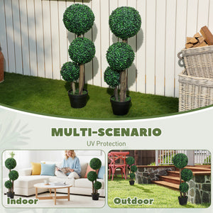35 Inch Potted Fake Plant Set of 2, Artificial Boxwood Topiary Tree, Triple Ball Tree for Indoor and Outdoor, Green