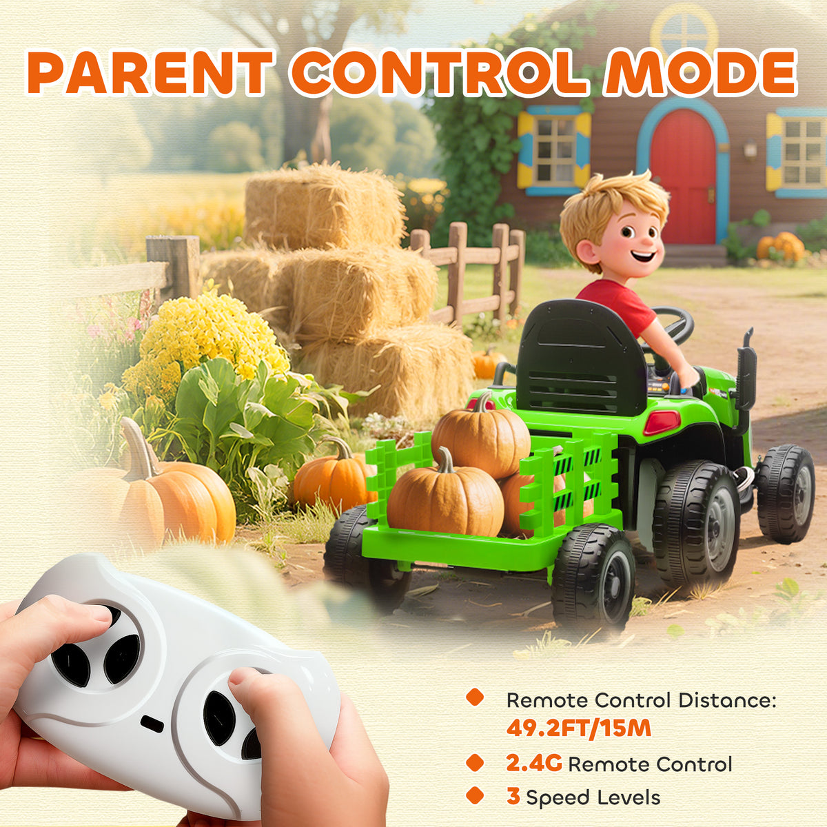 Qaba 12V Kids Ride On Tractor with Trailor, Remote Control, Music, Lights, Shifter, for Kids Ages 3-8 Years