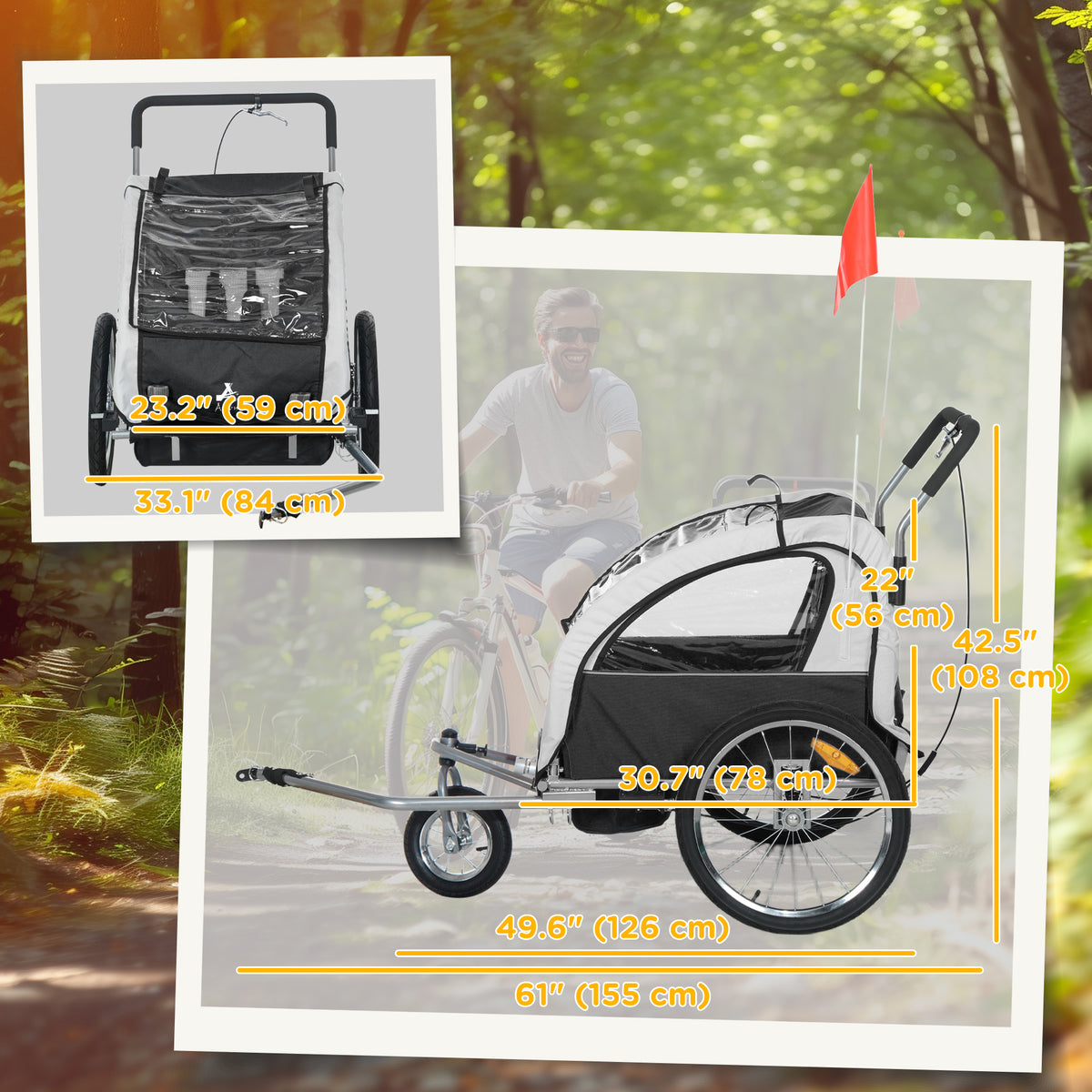 Aosom 2-in-1 Bike Trailer for Kids, Foldable 2-Seat Baby Stroller with 5-Point Harness, Rubber Wheels, Storage Bag