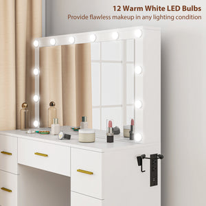 Makeup Vanity Desk with Mirror and Lights, Dressing Table with 7 Drawers, 6 Hidden Sliding Storage Compartments, White
