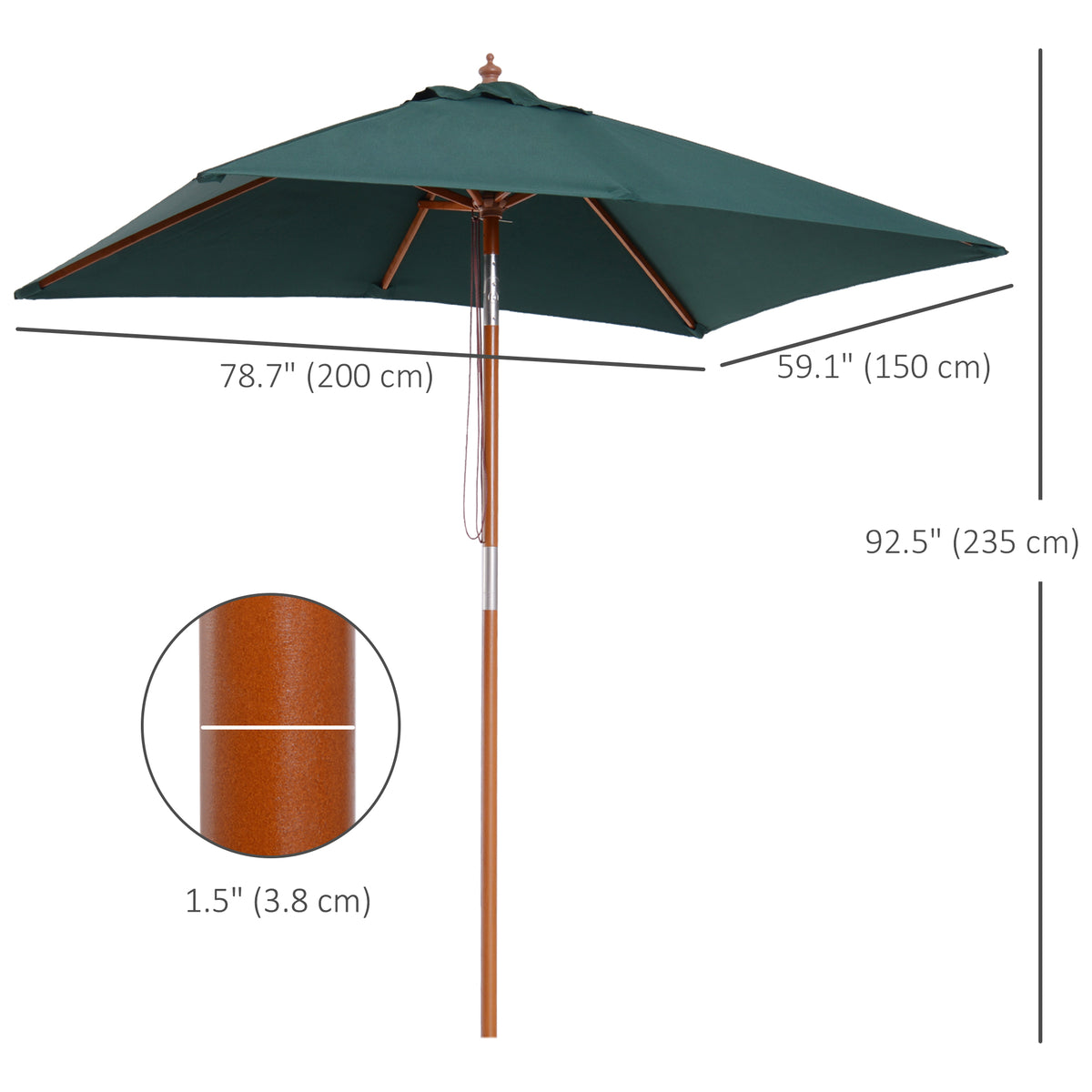 6.6x5ft Square Market Parasol, Wooden Patio Umbrella with Tilt Mechanism and 6 Bamboo Ribs – view 9