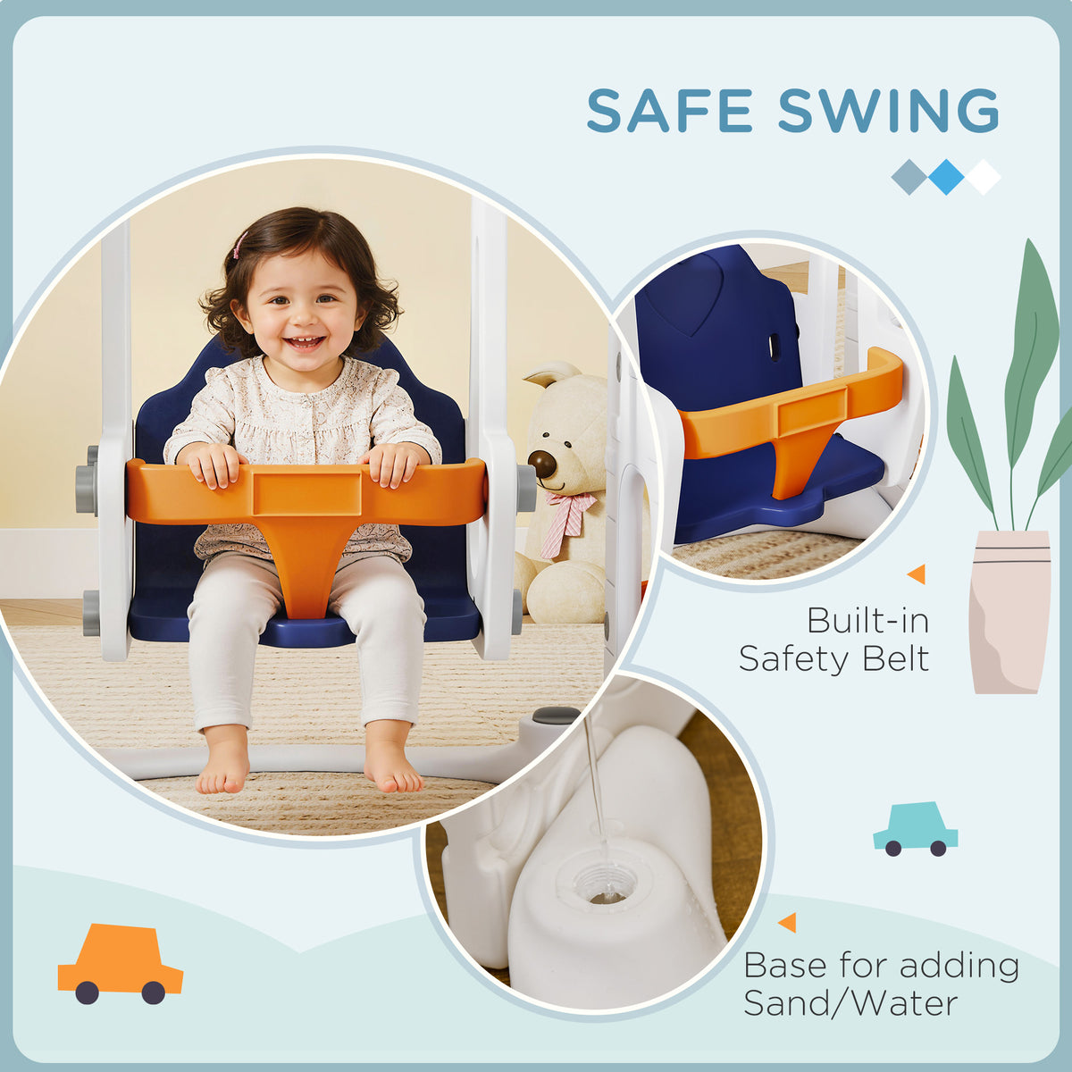 Qaba 6-in-1 Slide and Swing Set Baby Swing Playset Indoor with Basketball Hoop, Climber, Storage Space, Telescope