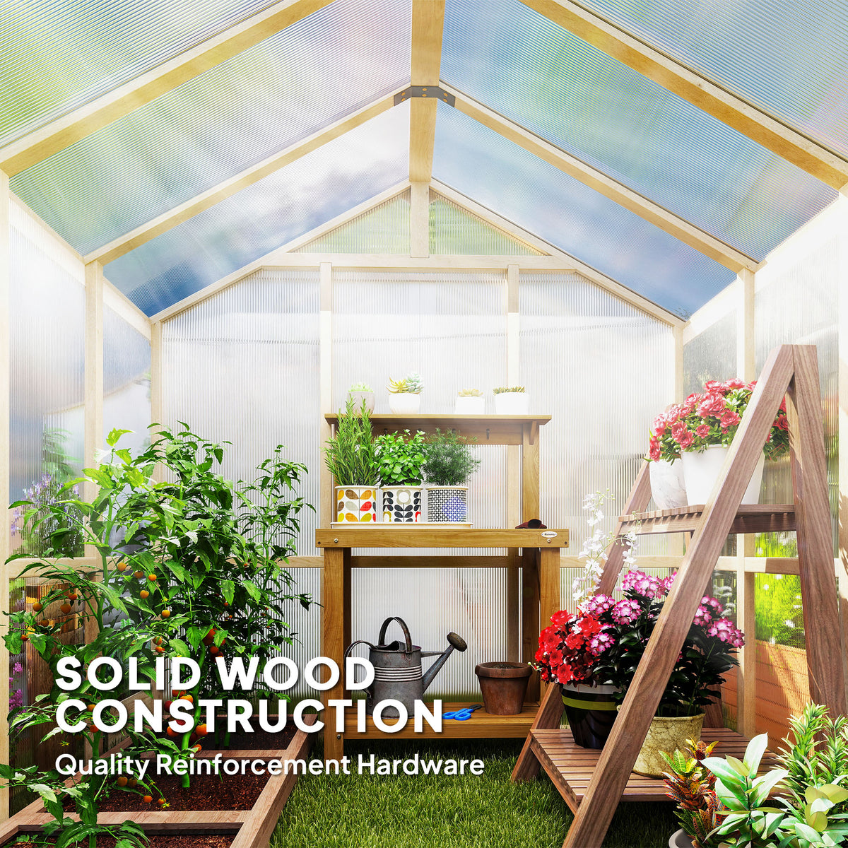 6.6 x 6ft Polycarbonate Greenhouse Wooden Green House with Thickened Polycarbonate Sheets, Lockable Door, Brown