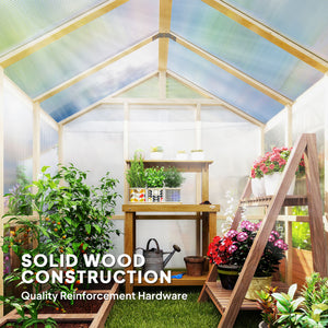 6.6 x 6ft Polycarbonate Greenhouse Wooden Green House with Thickened Polycarbonate Sheets, Lockable Door, Brown