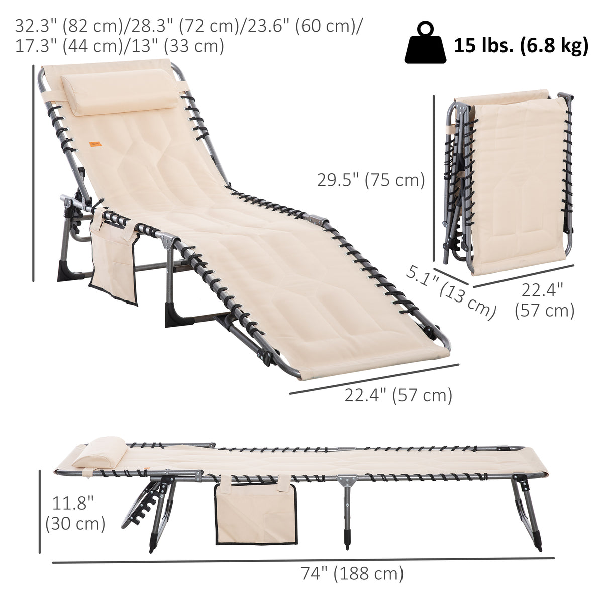 Outdoor Lounge Chair, Folding Chaise Lounge, Patio Padded Tanning Chair with 5-position Adjustable – view 2