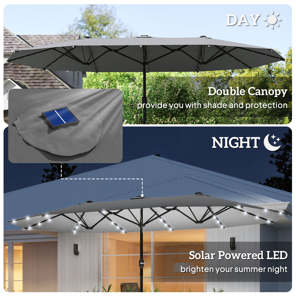 174" Double-Sided Sun Umbrella Garden Parasol Patio Sun Shade Outdoor with LED Solar Light, Khaki – view 10