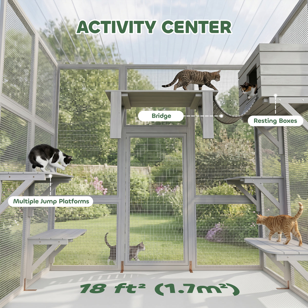 Large Outdoor Catio with Weatherproof Roof, Bridge, Resting Box, Platforms, Grey – view 18