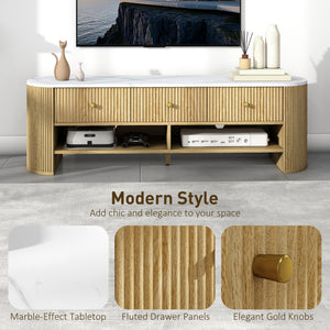 TV Stand, Modern TV Table with Marble-Effect Top, 3 Drawers and 2 Open Shelves for 32-65 Inch Television, Natural