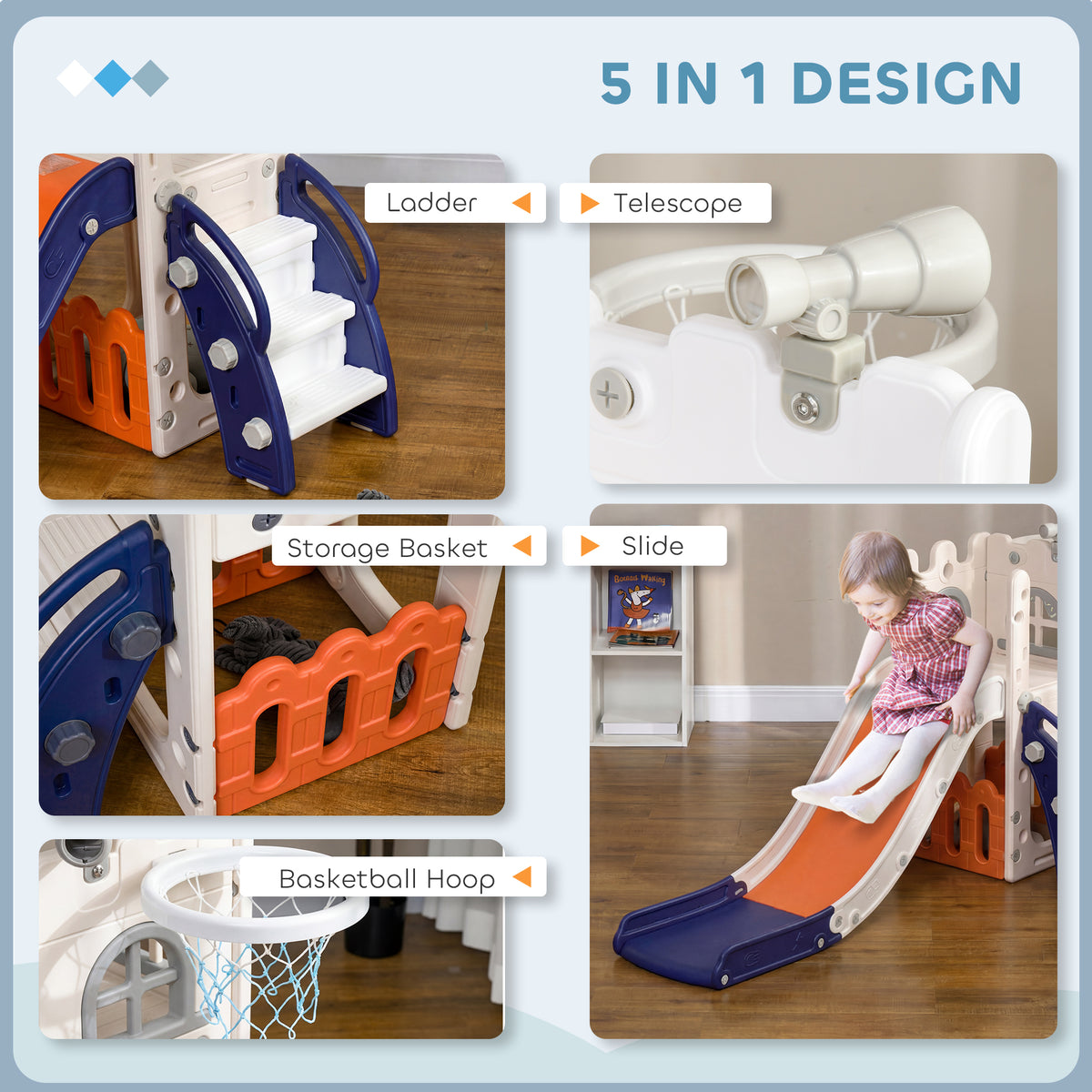 Qaba 5 in 1 Toddler Slide with Basketball Hoop, Climber, Telescope, Storage Basket, for 1-3 Years Kids Indoor Use