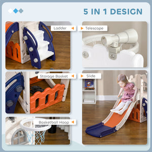 Qaba 5 in 1 Toddler Slide with Basketball Hoop, Climber, Telescope, Storage Basket, for 1-3 Years Kids Indoor Use