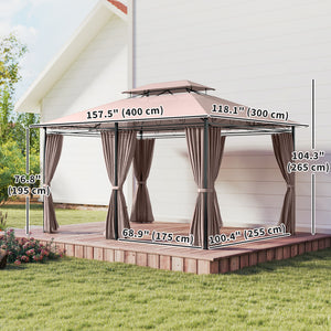 10' x 13' Patio Gazebo, Outdoor 2-Tiers Garden Canopy Yard Sunshade Shelter with Curtains, Khaki – view 2