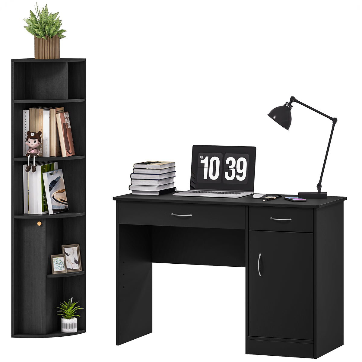Computer Desk and Bookcase Set, Study Table with Adjustable Shelf, Bookshelf with Open Compartments and Cabinet, Black