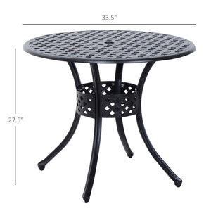33-Inch Roud Patio Dining Table with Umbrella Hole, Cast Aluminum Garden Table, All Weather Patio Bisto Table, for Lawn, Garden, Outside, Black