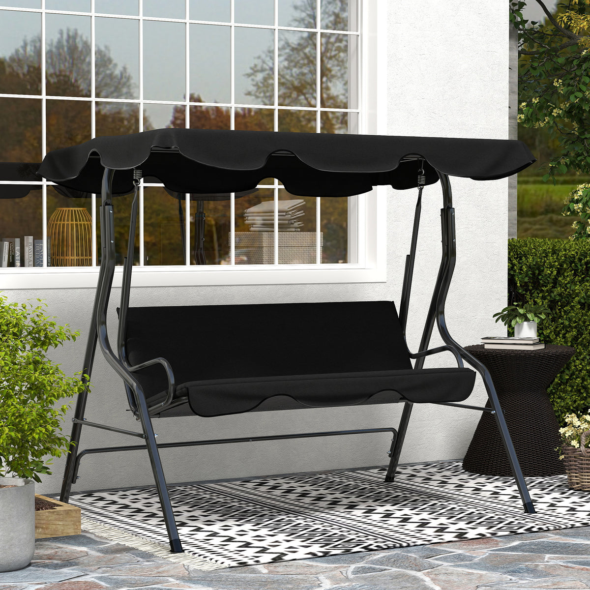 Outdoor Porch Swing with Adjustable Canopy, 3-Seater Patio Swing Chair with Cushion, Black – view 7