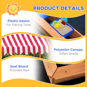 Kids Wooden Sandbox, Children Play Sand Station Outdoor with Adjustable Height Cover Lid, Bottom Liner, Seat, Plastic Basins, for 3-7 Years Old Boys and Girls