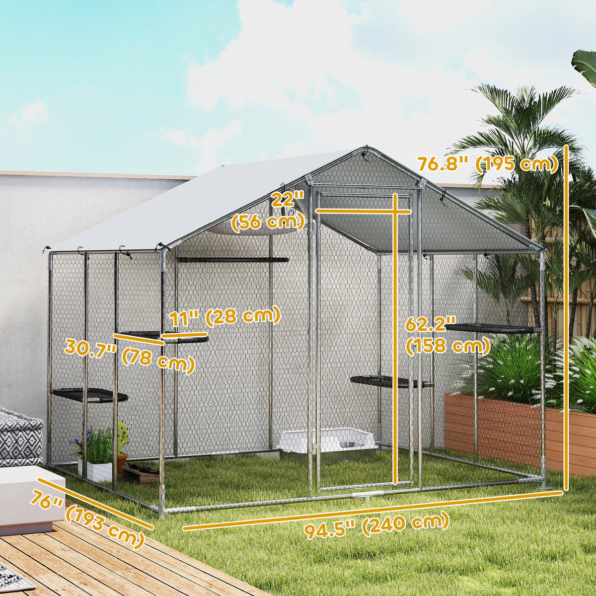 Large Catio Outdoor Cat Enclosure with Waterproof Cover, Walk-in Cat Patio w/ 5 Adjustable Platforms & Hammock 79" W