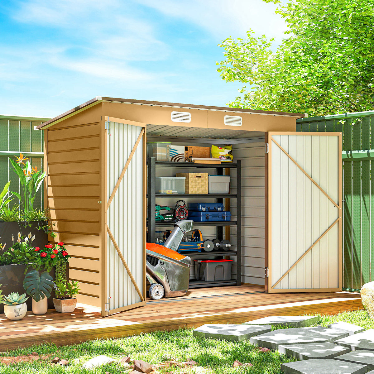 8 x 4FT Galvanized Garden Storage Shed, Metal Outdoor Shed with Double Doors and 2 Vents, Oak – view 49
