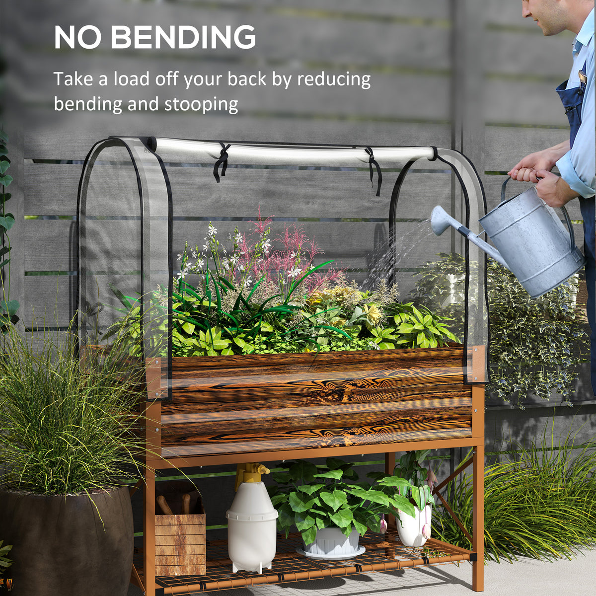 Raised Garden Bed with Cover, Metal Elevated Planter Box with Bottom Shelf and Liner, Black – view 20