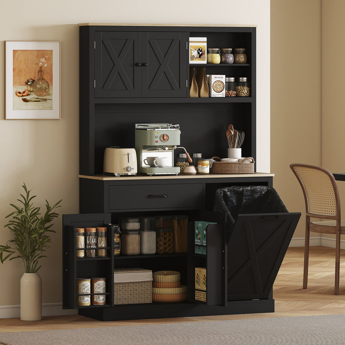 69" Pantry Cabinet with Charging Station, Kitchen Cabinet with Microwave Stand, Tilt-Out Trash Can Cabinet – view 7