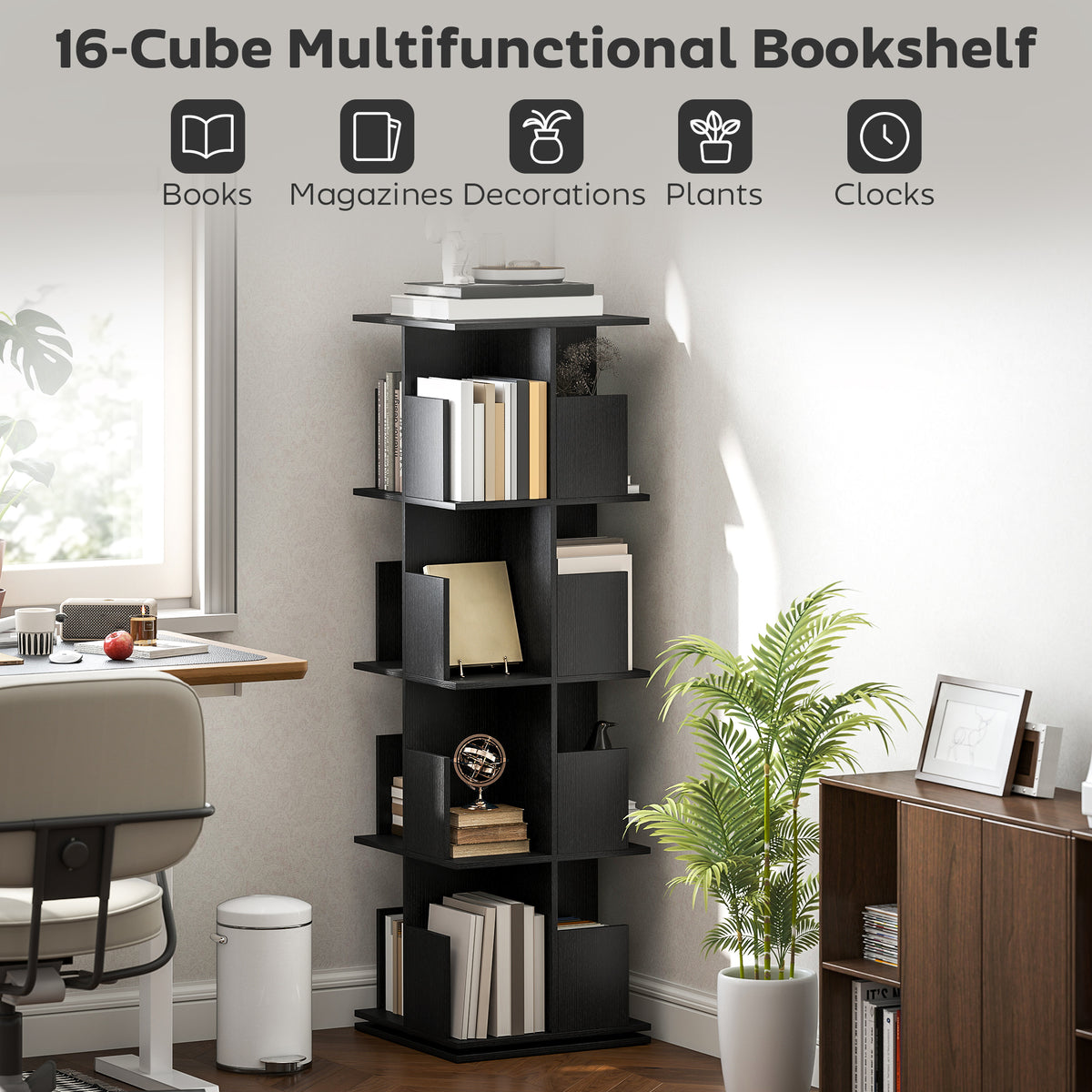 360° Rotating Bookcase with Anti-Tipping Straps, Anti-Slip Foot Pads, 4 Tier Bookshelf with 16 Cubbies for Books, Plants, Decorations, Black