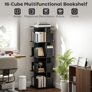 360° Rotating Bookcase with Anti-Tipping Straps, Anti-Slip Foot Pads, 4 Tier Bookshelf with 16 Cubbies for Books, Plants, Decorations, Black