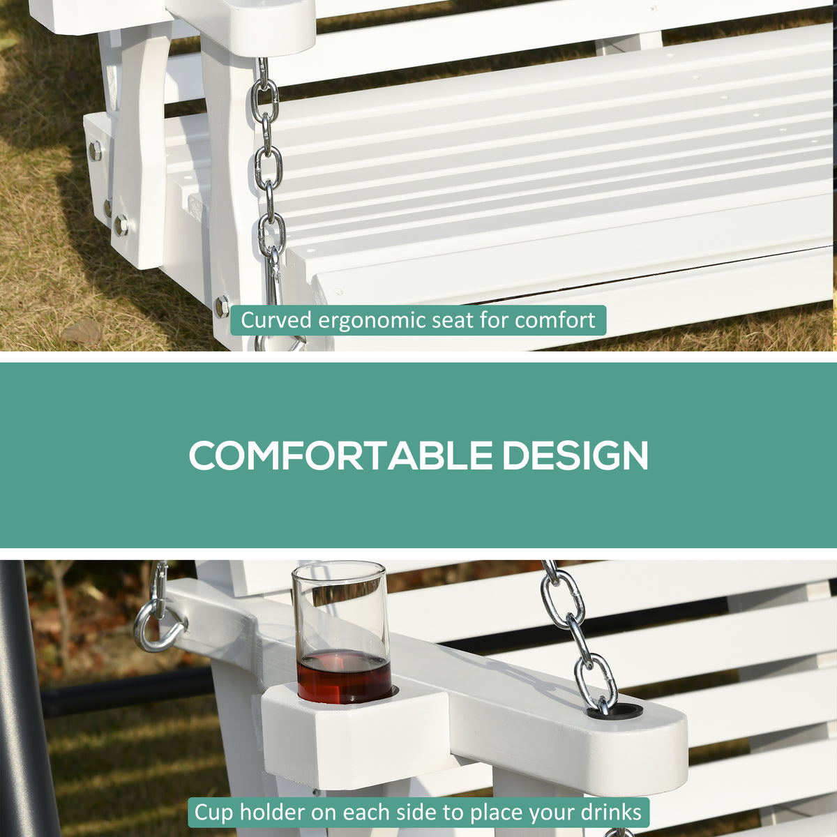 2 Seater Porch Swing Wooden Patio Swing Chair Seat with Cup Holder and Chains Outdoor Swing Bench for Garden Yard, White