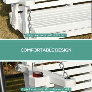2 Seater Porch Swing Wooden Patio Swing Chair Seat with Cup Holder and Chains Outdoor Swing Bench for Garden Yard, White
