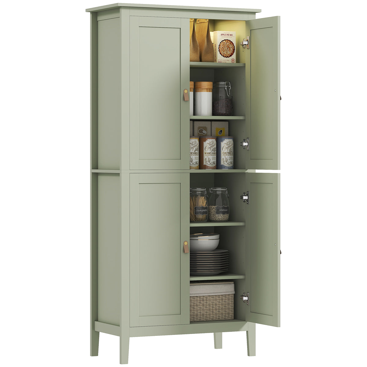 69.5" Tall Kitchen Pantry Storage Cabinet with Motion Sensor LED Light, Modern Kitchen Pantry Cabinet, Green
