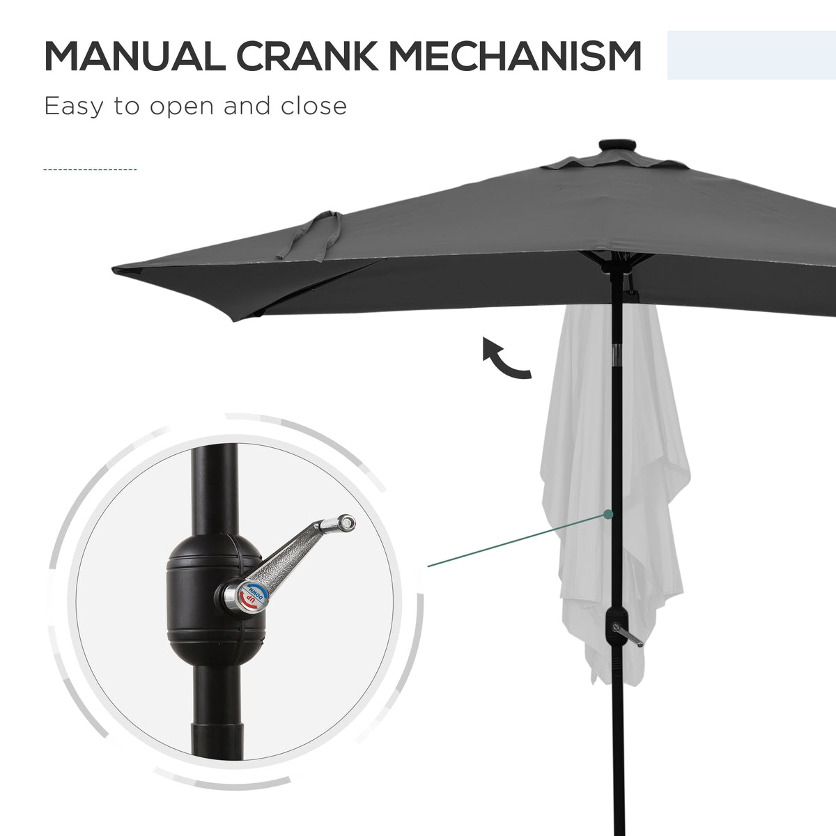 6' x 10' Patio Umbrella with 22 LED Solar Lights and Tilt, Rectangular Outdoor Table Umbrella with Crank, Dark Grey