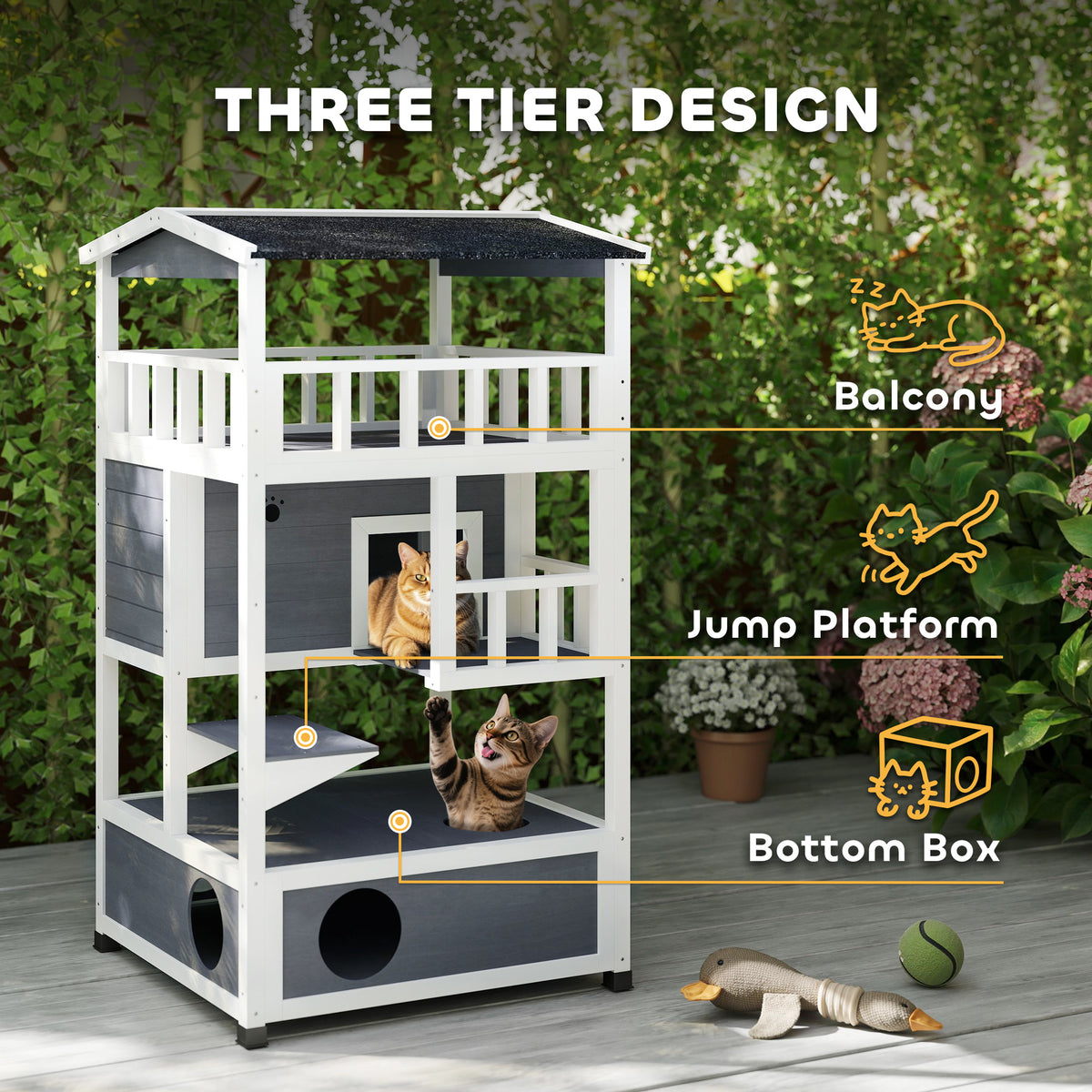 4-Floor Wood Outdoor Cat House Catio for Cats with Condo, Fun Entrances, Perch, Grey – view 3