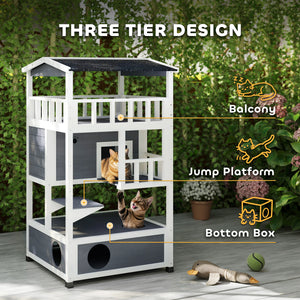 4-Floor Wood Outdoor Cat House Catio for Cats with Condo, Fun Entrances, Perch, Grey – view 3