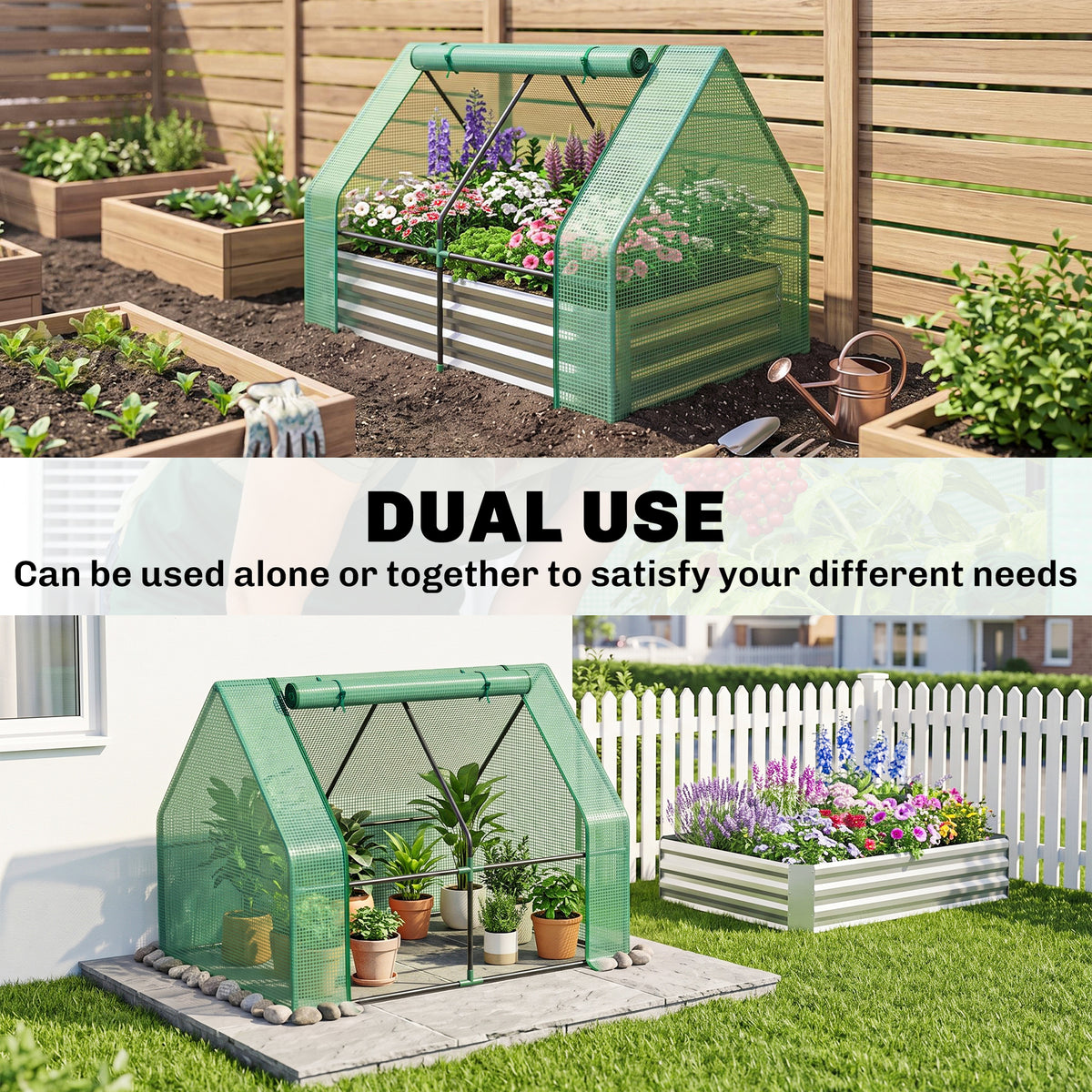 Steel Outdoor Raised Garden Bed with Greenhouse,Cover, Roll Up Door, Dual Use, 50"x37.4"x36.2", Green