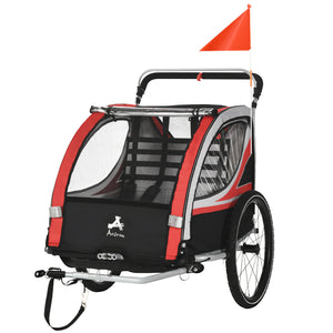 Aosom 3-in-1 Bike Trailer for Kids, Running Stroller with 2 Seats, Jogging Cart with 5-Point Harness, Storage Units