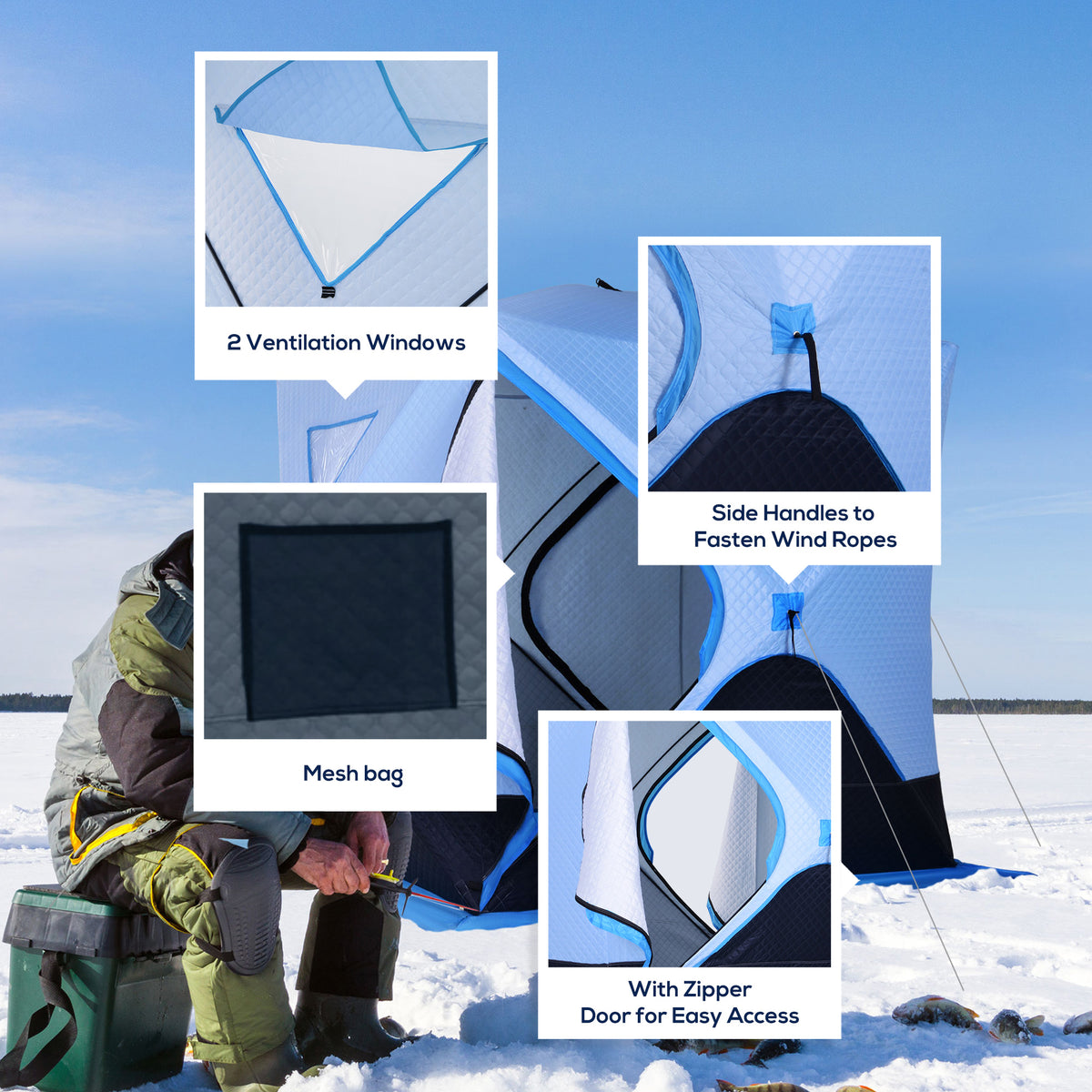 4-Person Pop-up Ice Fishing Tent, Insulated Ice Fishing Shelter with Ventilation Windows, Double Doors and Carry Bag, for Low-Temp -22℉