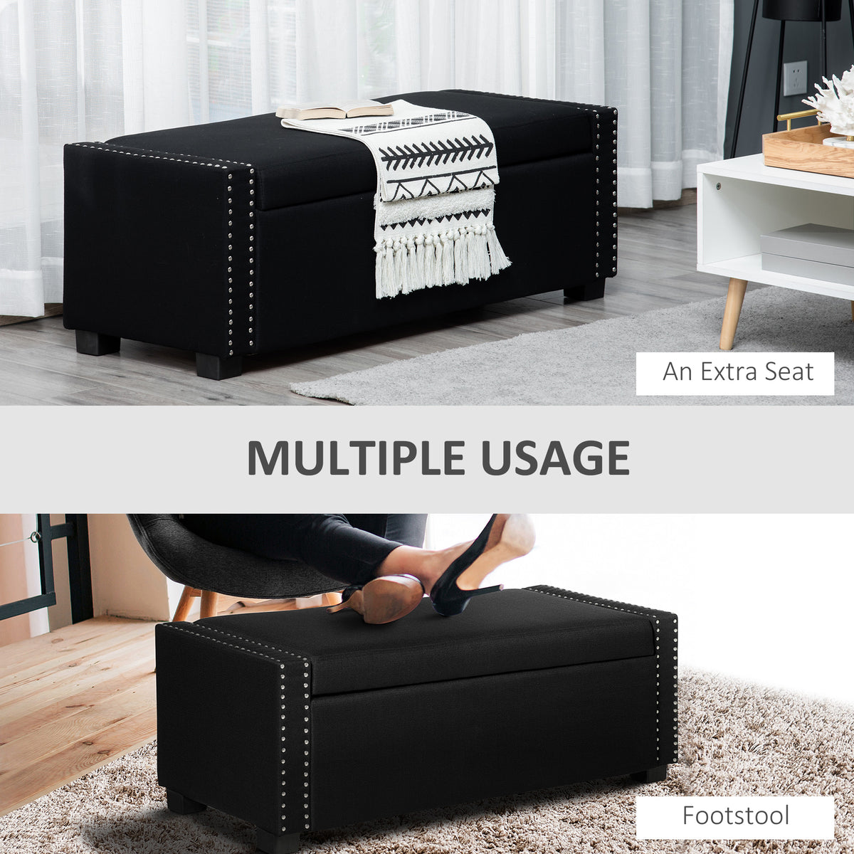 Upholstered Flip Top Storage Bench Fabric Ottoman for Bedroom, Living room, Dark Grey – view 6