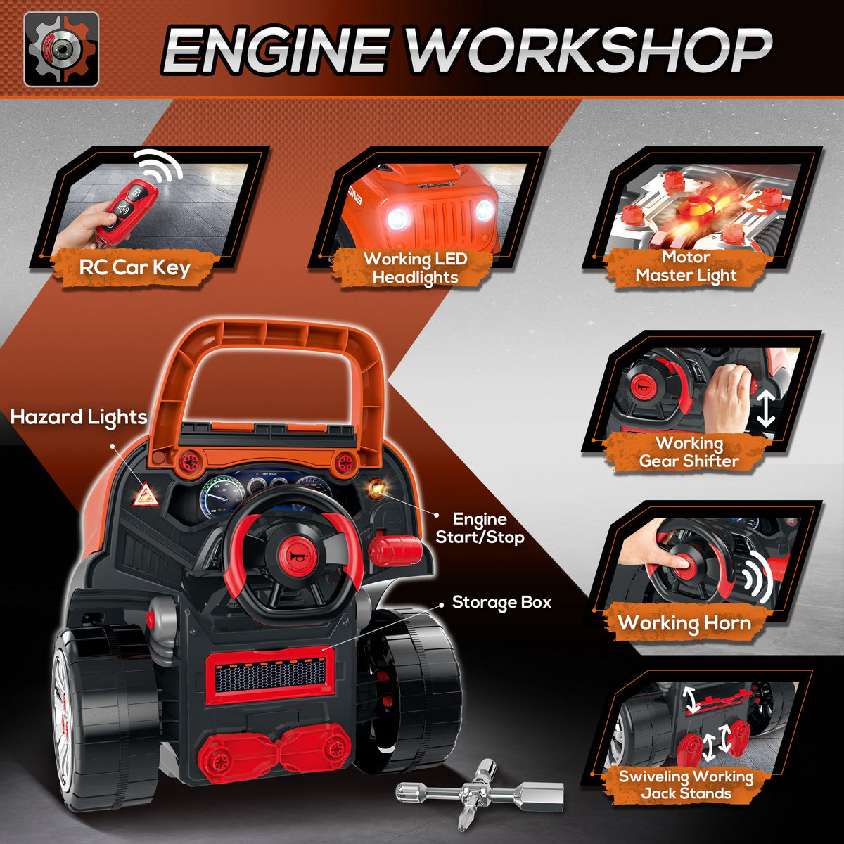 Qaba Kids Truck Engine Toys, Kids Mechanic Workshop Set with Light, Sounds, Steering Wheel and Horn for Boys Girls 3 4 5 Years Old Pretend Play, Orange