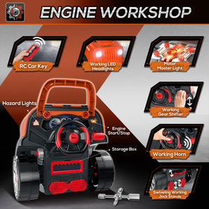 Qaba Kids Truck Engine Toys, Kids Mechanic Workshop Set with Light, Sounds, Steering Wheel and Horn for Boys Girls 3 4 5 Years Old Pretend Play, Orange