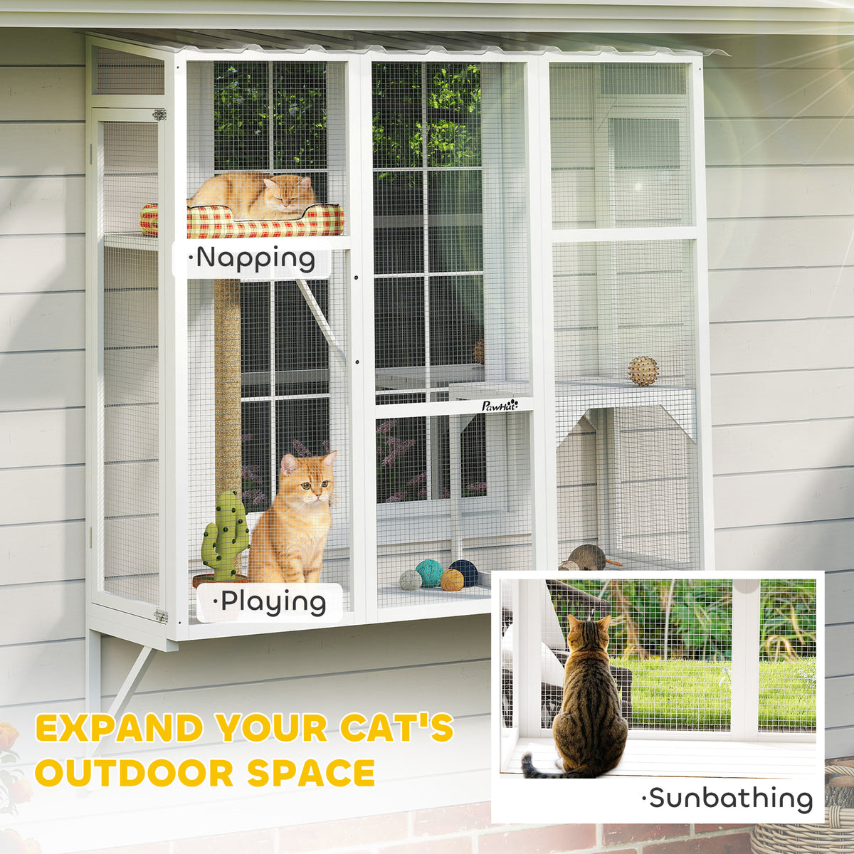 Wooden Catio Outdoor, Cat Window Box Enclosure for 2-3 Large Cats with 2 Jumping Platforms & Scratching – view 17