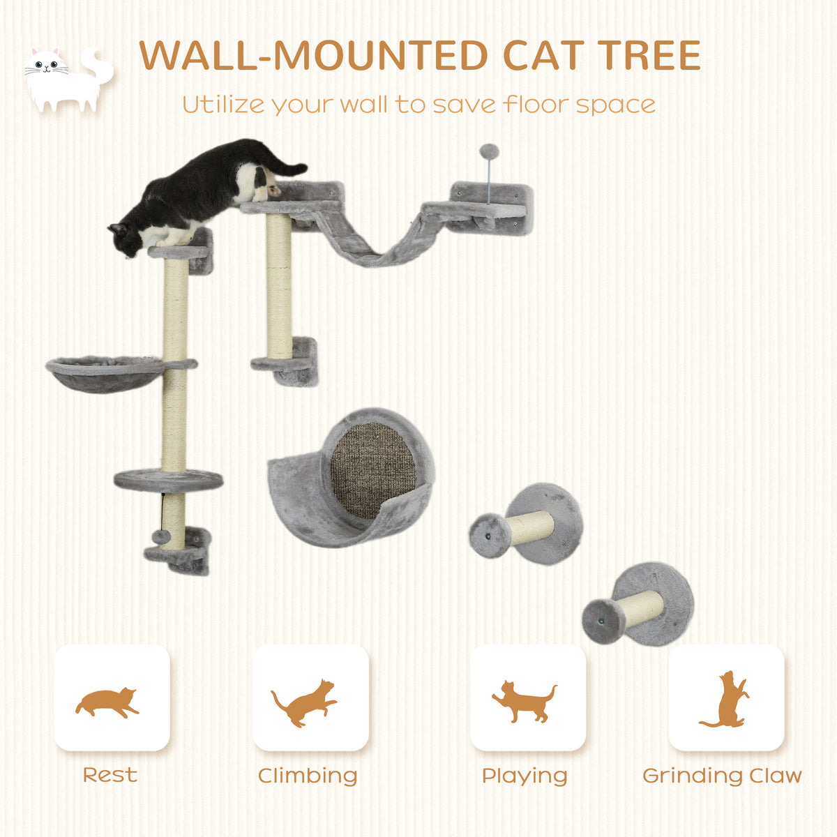5PCs Cat Wall Shelves with Hammock, Scratching Posts, Perches, Ladder, for Indoor Cats, Light Grey